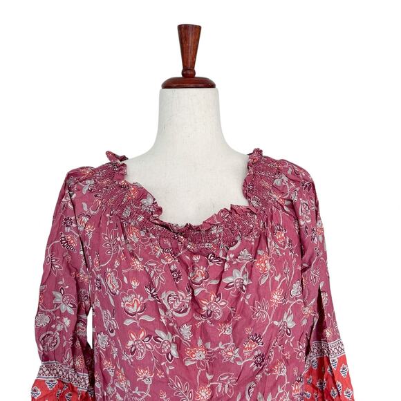 beach lunch lounge Women's Pink Off Shoulder Floral Boho Blouse Shirt Medium - Picture 2 of 11
